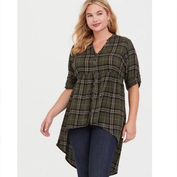torrid Tops - NWT Torrid Lexie Olive Green Plaid Rayon Hi Low Button Front Tunic Size 1